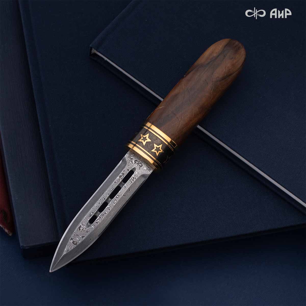  Нож Сигара (ореховый кап, золото, черный никель), дамасская сталь ZDI-1016 - Компания «АиР»