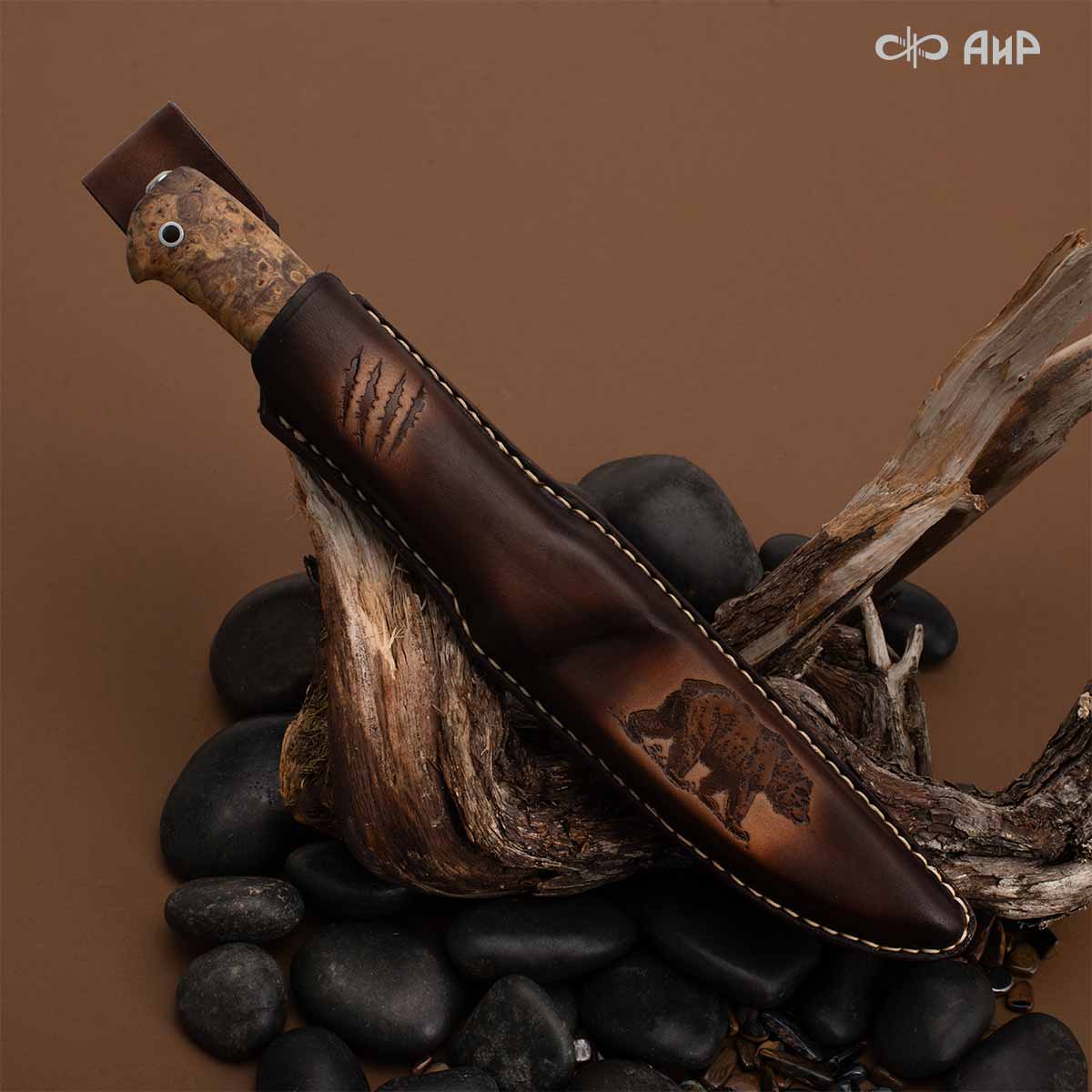 Финка Нью (наборная: стабилизированный граб, стабилизированный кап клена коричневый, фибра синяя, алюмин.втулка, авторские ножны, кастомная заточка) 100Х13М, № 24 - Компания «АиР»