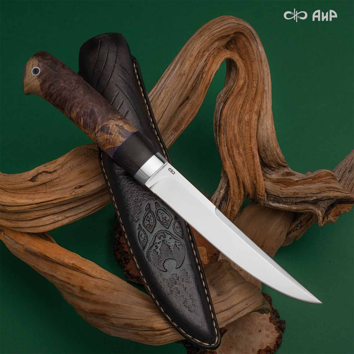 Финка Нью (наборная: стабилизированный граб, стабилизированный кап клена фиолетовый, фибра синяя, алюмин.втулка, авторские ножны, кастомная заточка) CPR, № 02 - Компания «АиР»