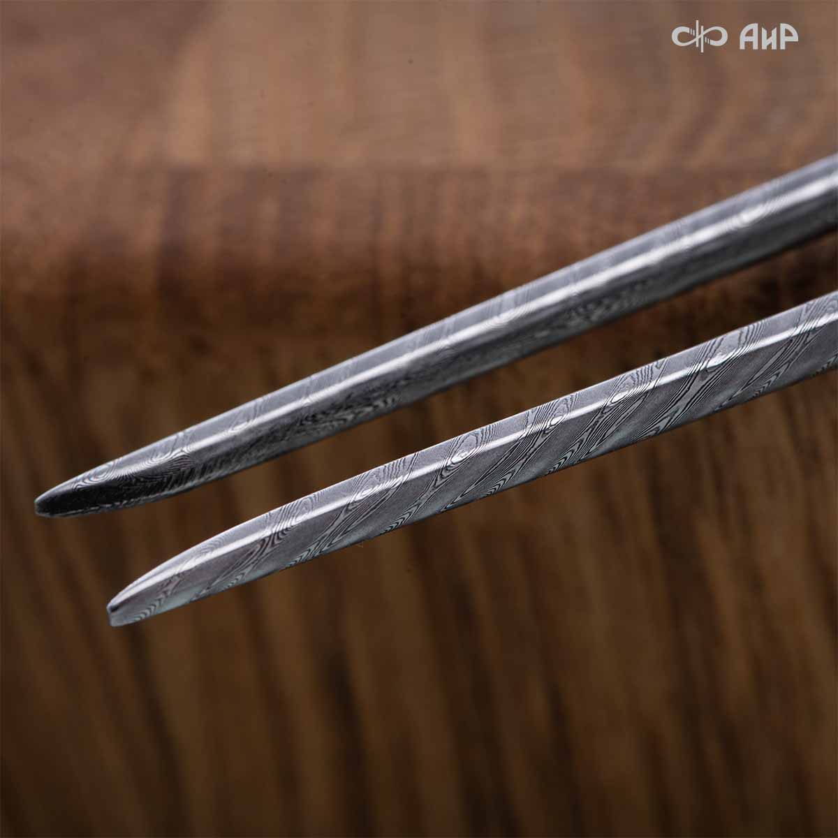 Набор Стейковый (нож и вилка, стабилизированный ореховый кап, мокуме гане, медная втулка, кастомная заточка) дамасская сталь ZD-0803, узор твист - Компания «АиР»