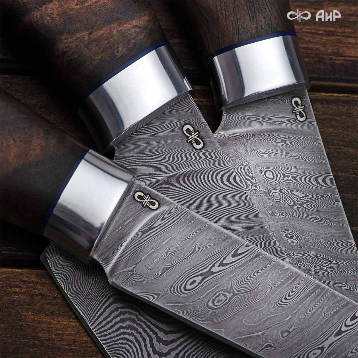 Набор Поварской-3 (стабилизированный кап ореховый, фибра) дамасская сталь ZDI-1016, узор твист - Компания «АиР»