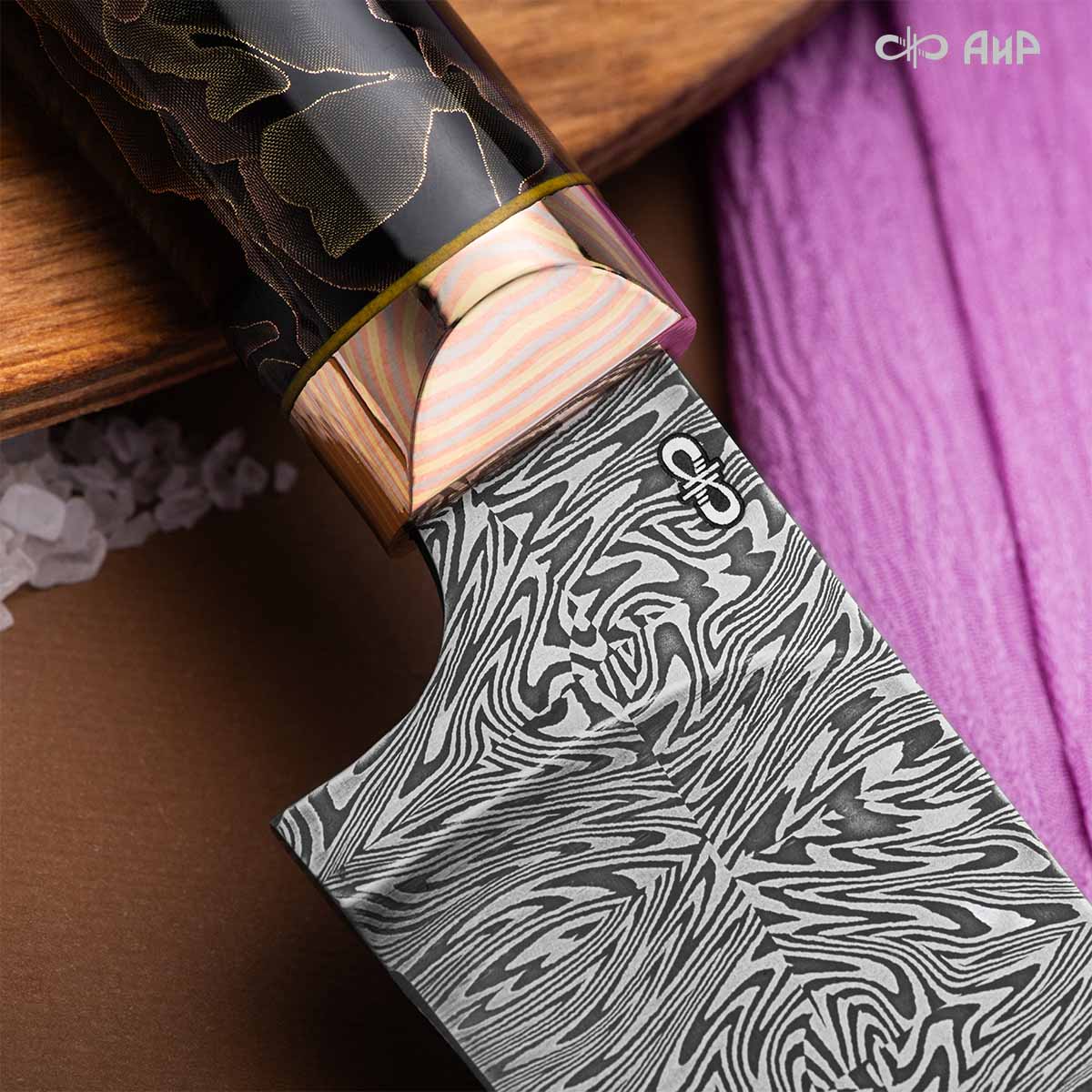 Пчак (композит с бронзовой и латунной микросеткой волны, мокуме гане, кастомная заточка) дамасская сталь ZDI-1016, узор взрыв - Компания «АиР»