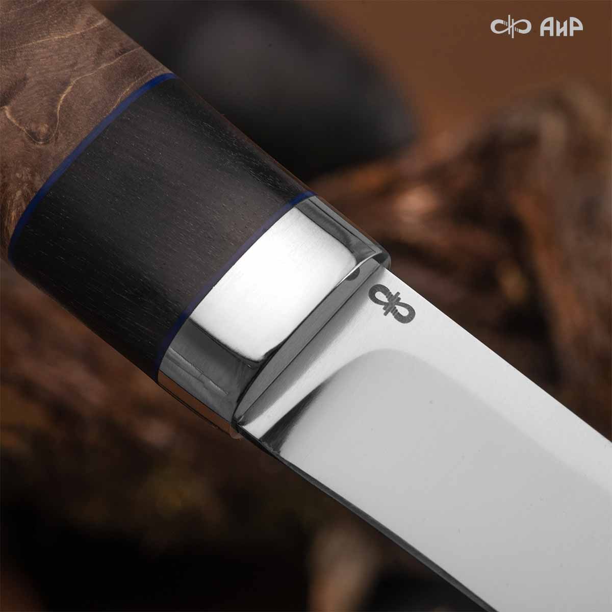 Финка Нью (наборная: стабилизированный граб, стабилизированный кап клена коричневый, фибра синяя, алюмин.втулка, авторские ножны, кастомная заточка) 100Х13М, № 24 - Компания «АиР»