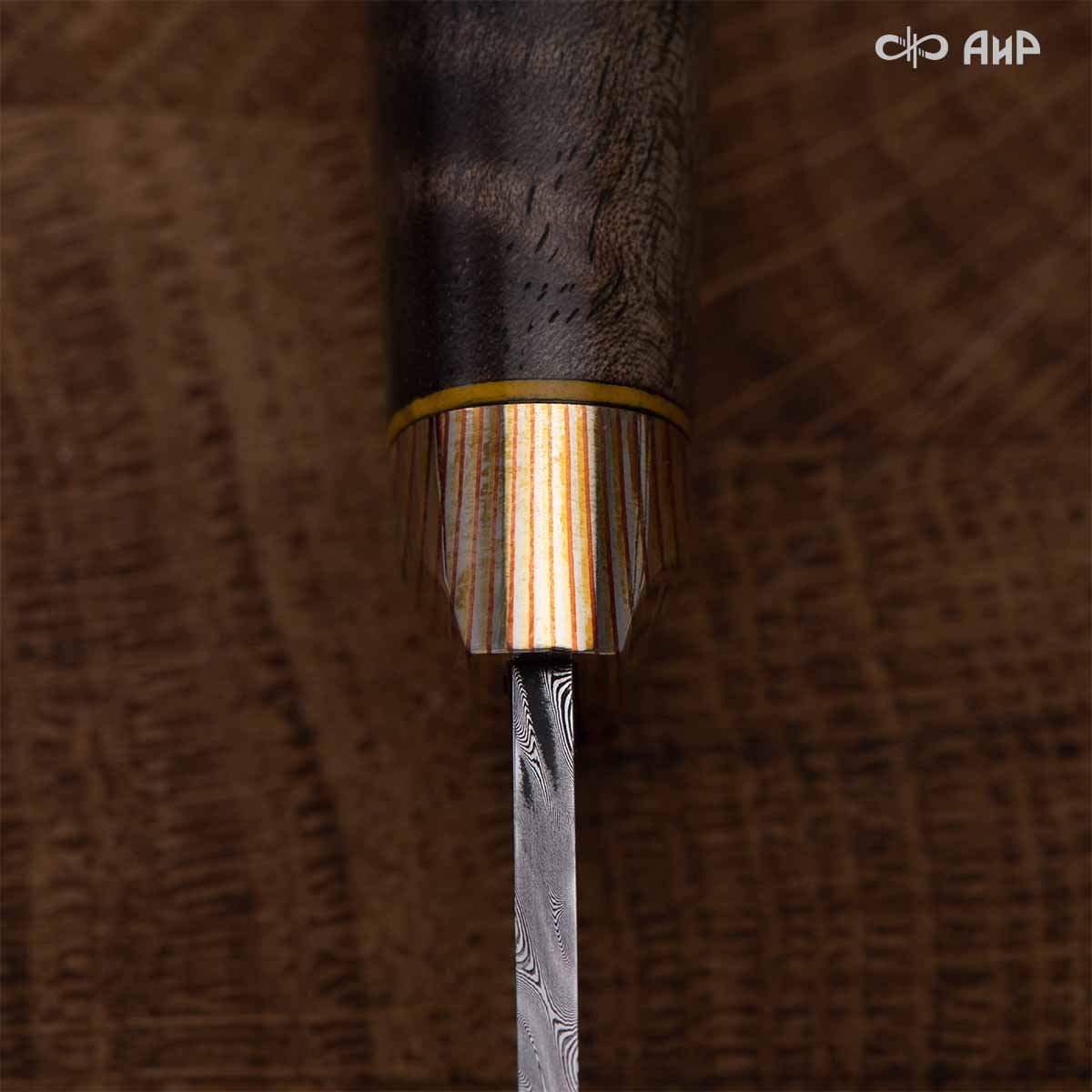 Набор Стейковый (нож и вилка, стабилизированный ореховый кап, мокуме гане, медная втулка, кастомная заточка) дамасская сталь ZD-0803, узор твист - Компания «АиР»