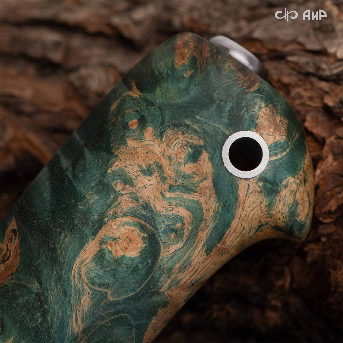 Финка Нью (наборная: стабилизированный граб, стабилизированный кап клена зеленый, фибра красная, алюмин.втулка, авторские ножны, кастомная заточка) 100Х13М, № 22 - Компания «АиР»