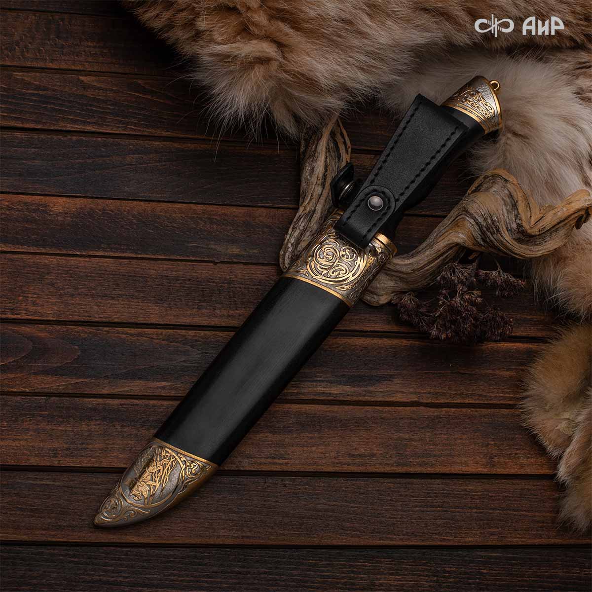 Нож Арсенальный люкс с сюжетом Рысья охота, комбинированные ножны, Артикул: 39171 - Компания «АиР»