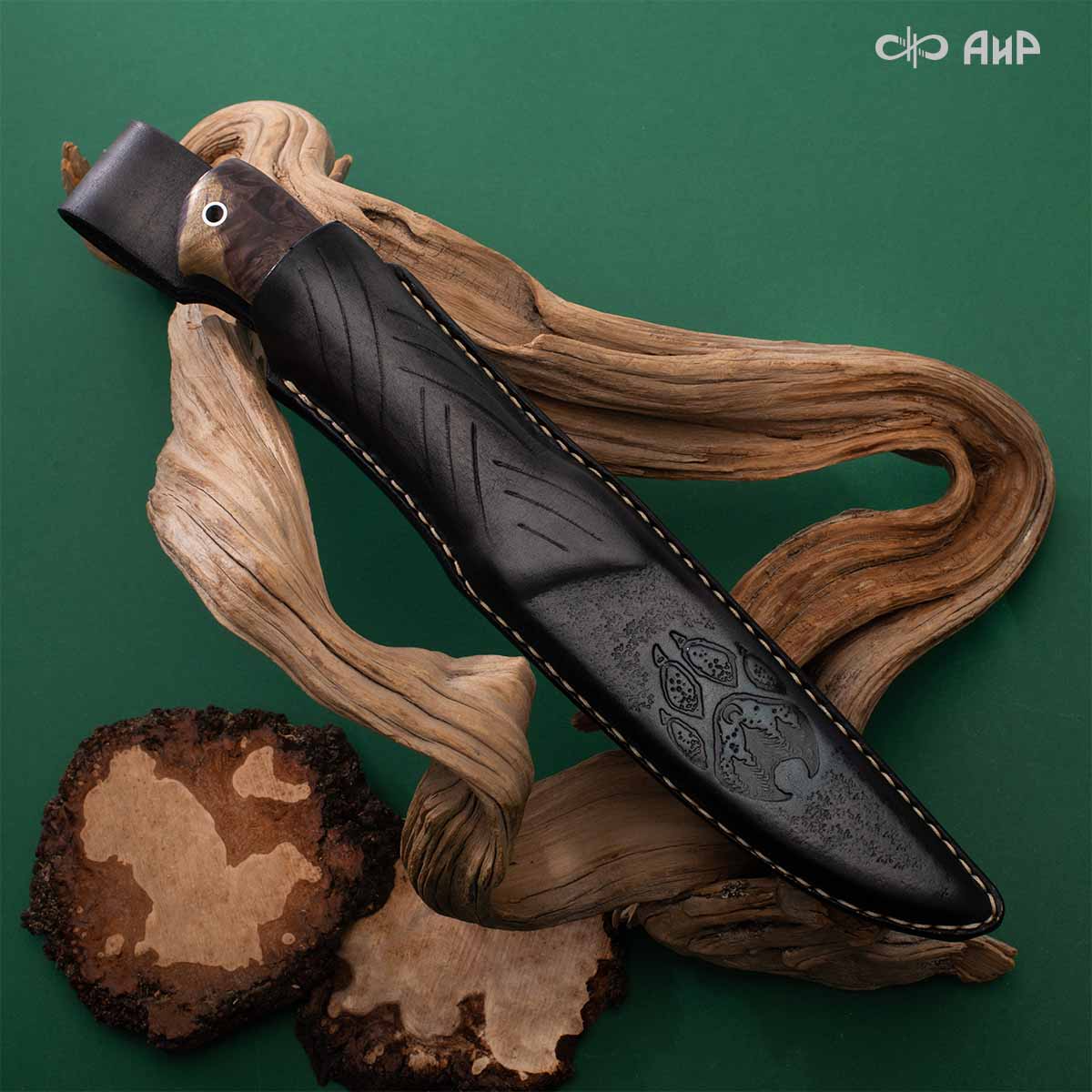 Финка Нью (наборная: стабилизированный граб, стабилизированный кап клена фиолетовый, фибра синяя, алюмин.втулка, авторские ножны, кастомная заточка) CPR, № 02 - Компания «АиР»