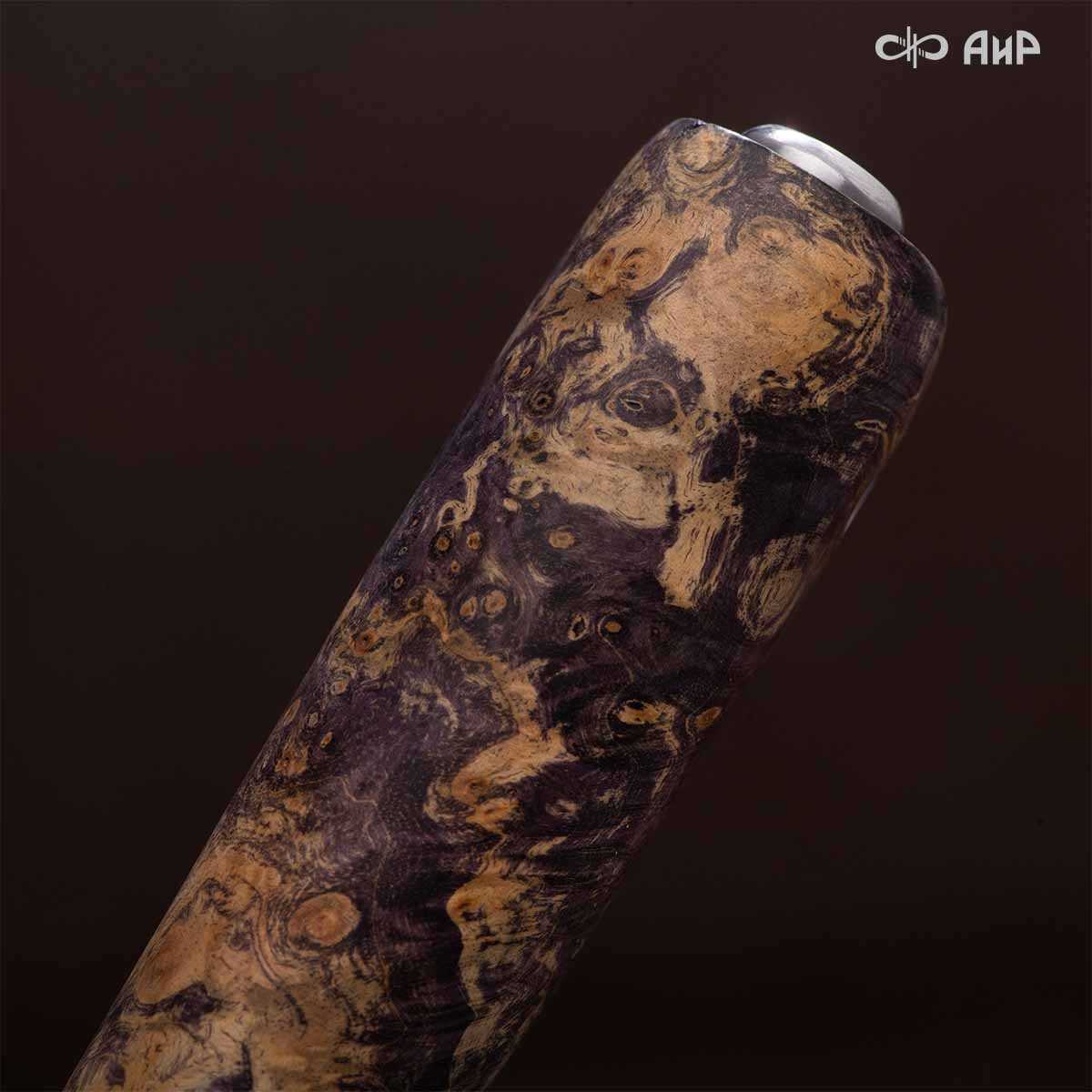 Финка Нью (наборная: стабилизированный граб, стабилизированный кап клена фиолетовый, фибра желтая, алюмин.втулка, авторские ножны, кастомная заточка) N690, № 18 - Компания «АиР»