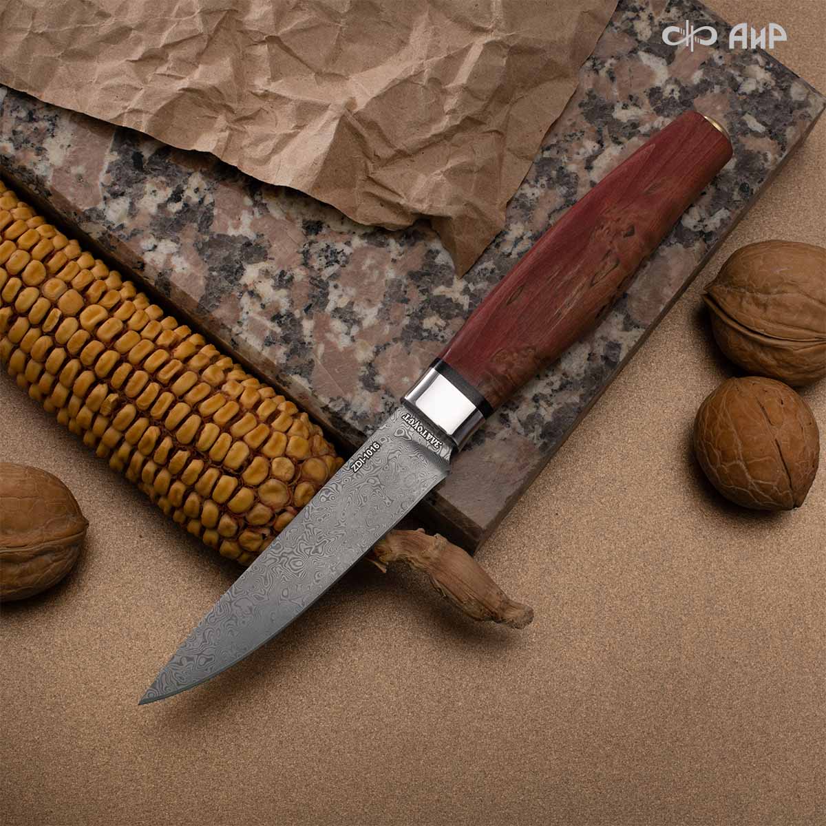 Овощной малый (стабилизированная карельская береза красная) дамасская сталь ZDI-1016 - Компания «АиР»