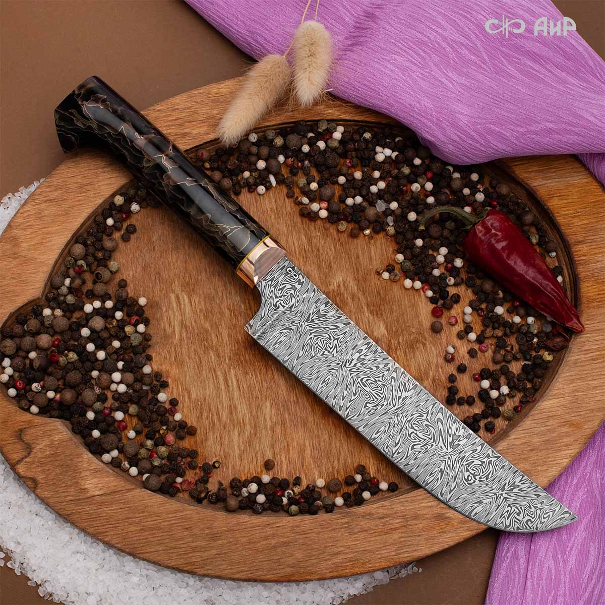 Пчак (композит с бронзовой и латунной микросеткой волны, мокуме гане, кастомная заточка) дамасская сталь ZDI-1016, узор взрыв - Компания «АиР»