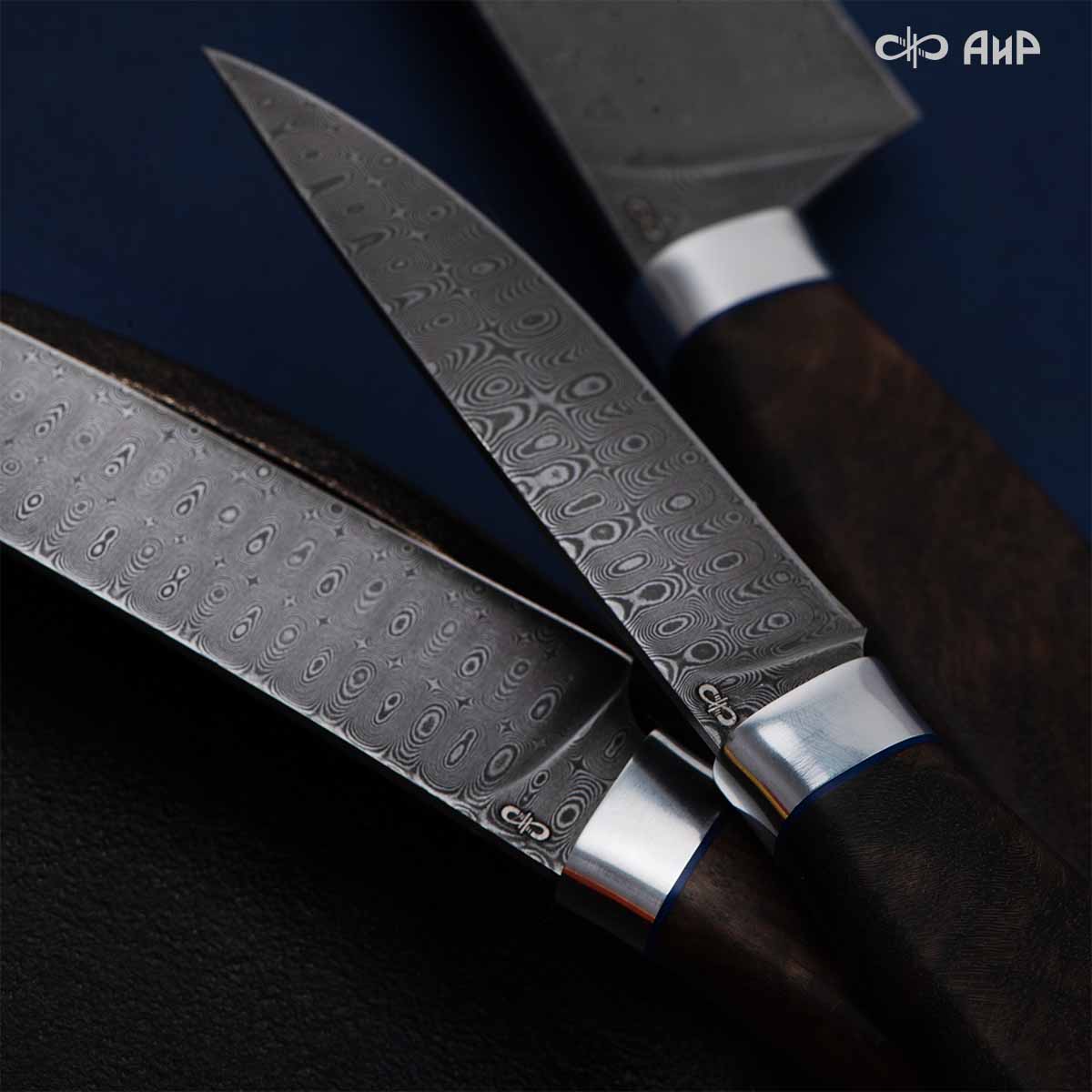 Набор Поварской-3 (стабилизированный кап ореховый, фибра) дамасская сталь ZDI-1016, узор капля NEW - Компания «АиР»