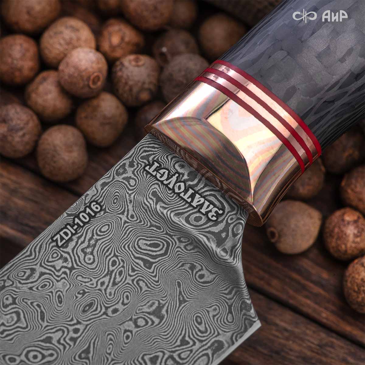Набор Сантоку-3 (наборная рукоять: карбон черный, проставки медь, фибра, мокуме гане, ввертыш медь, авторский кейс) дамасская сталь ZDI-1016 - Компания «АиР»