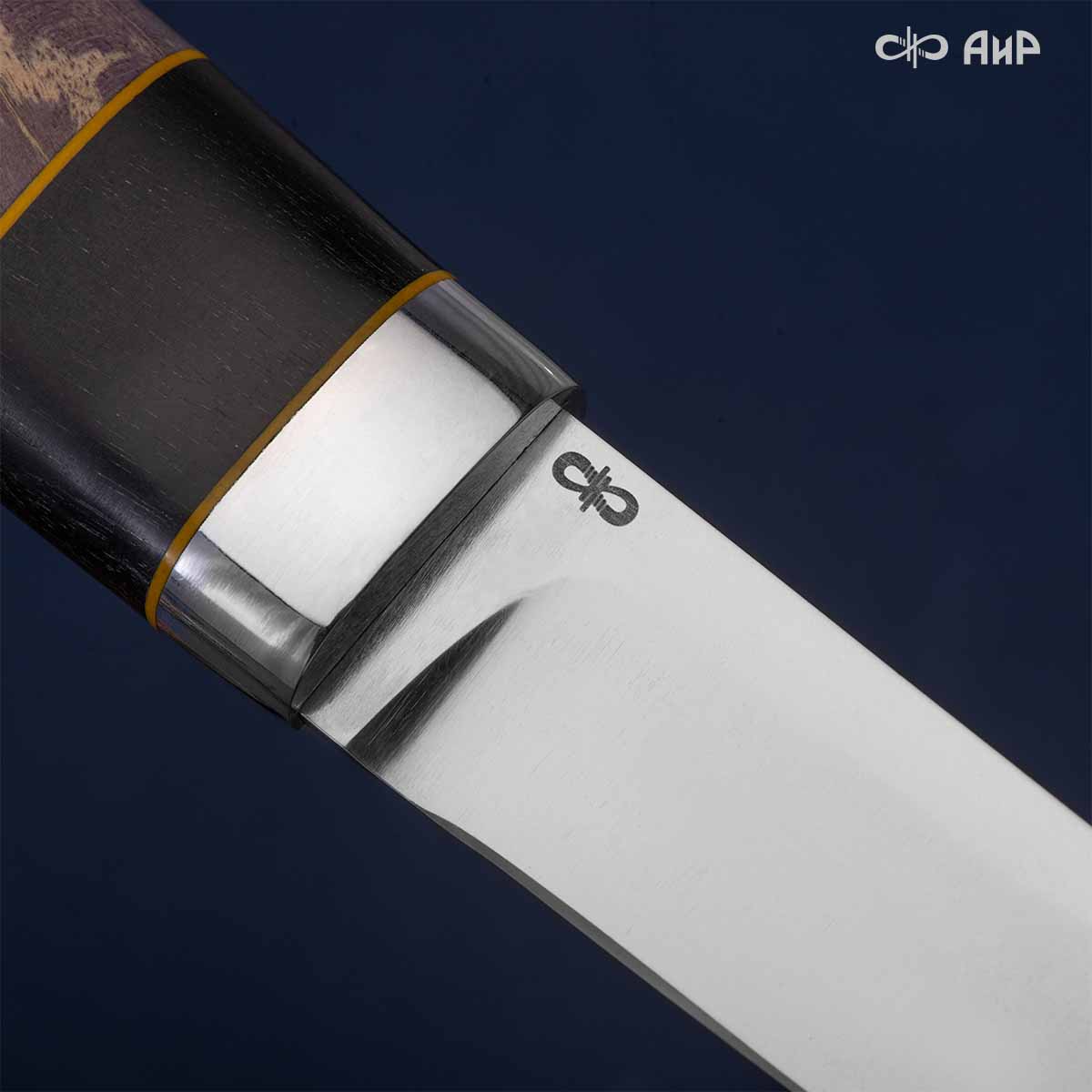 Финка Нью (наборная: стабилизированный граб, стабилизированный кап клена фиолетовый, фибра желтая, алюмин.втулка, авторские ножны, кастомная заточка) K390, № 07 - Компания «АиР»