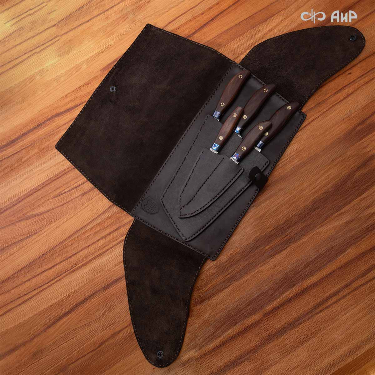 Набор Поварской-5 ЦМ (стабилизированный палисандр, ZlaTi, мозаичные пины, кожаный кейс) дамасская сталь ZDI-1016 - Компания «АиР»