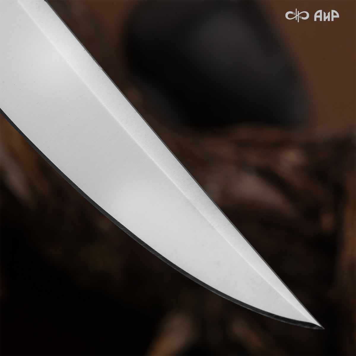 Финка Нью (наборная: стабилизированный граб, стабилизированный кап клена коричневый, фибра синяя, алюмин.втулка, авторские ножны, кастомная заточка) 100Х13М, № 24 - Компания «АиР»