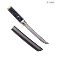  Нож "Айкути" из дамасской стали ZDI-1016 (кожа ската черная, граб, фути, хабаки и касира мокуме гане) - Компания «АиР»