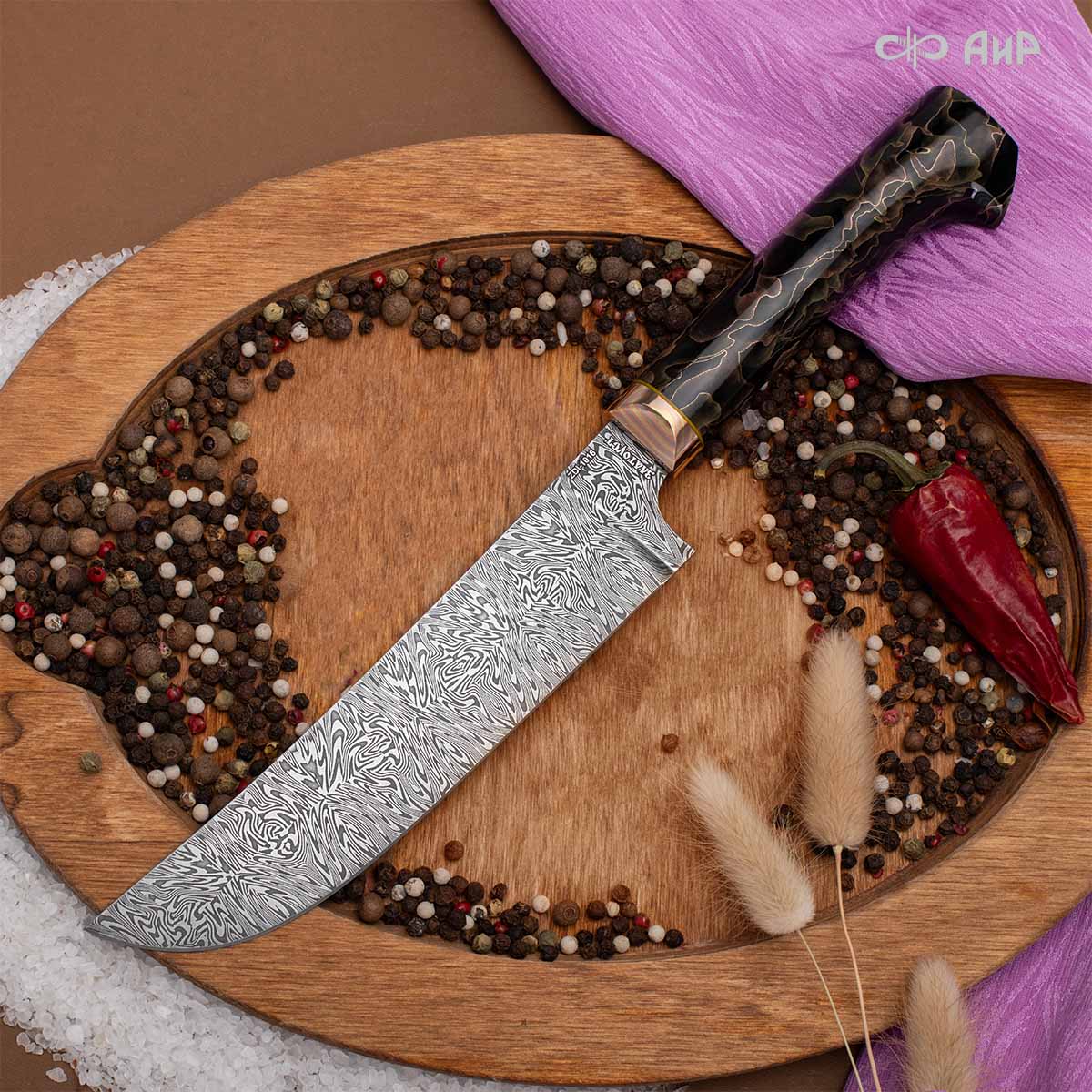 Пчак (композит с бронзовой и латунной микросеткой волны, мокуме гане, кастомная заточка) дамасская сталь ZDI-1016, узор взрыв - Компания «АиР»