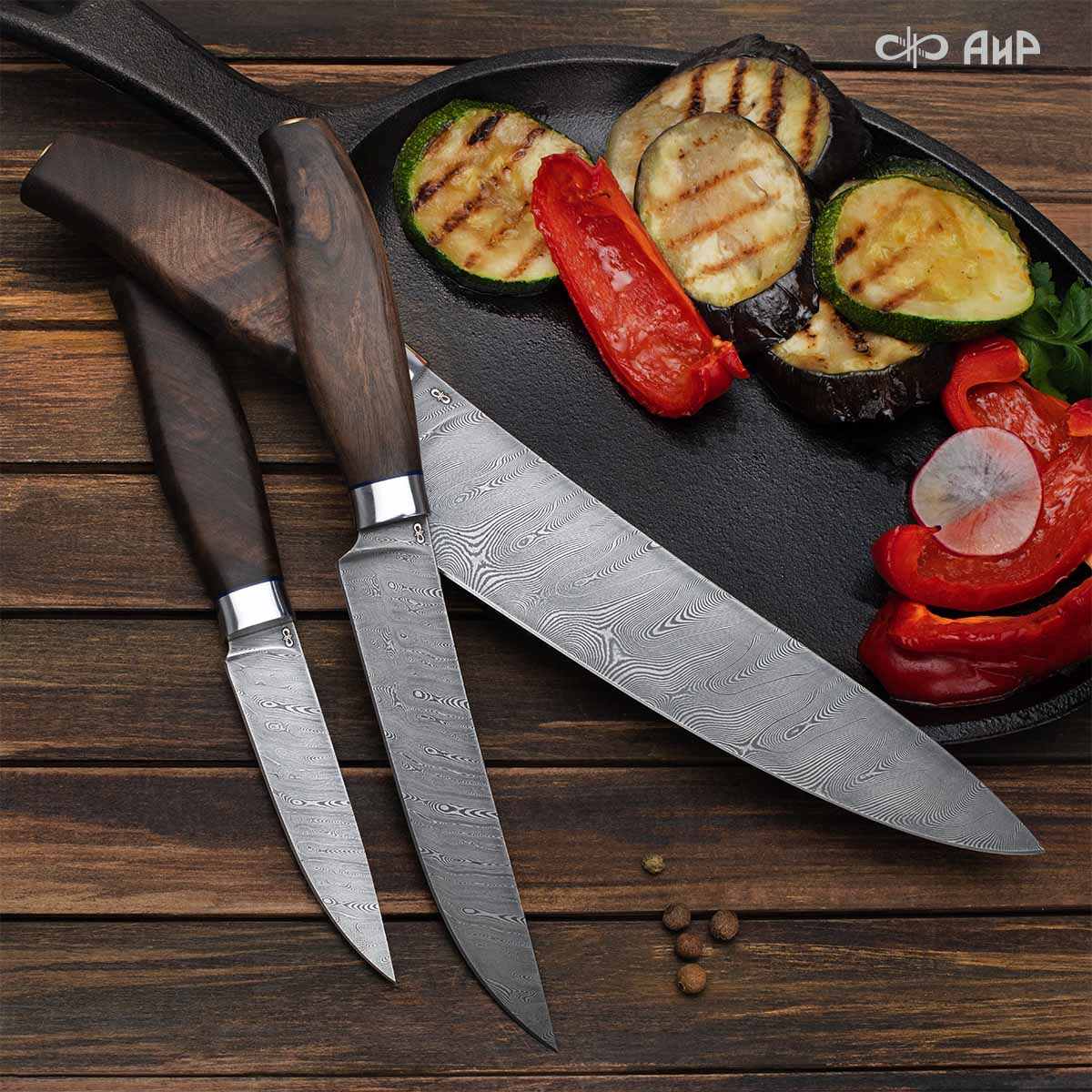 Набор Поварской-3 (стабилизированный кап ореховый, фибра) дамасская сталь ZDI-1016, узор твист - Компания «АиР»