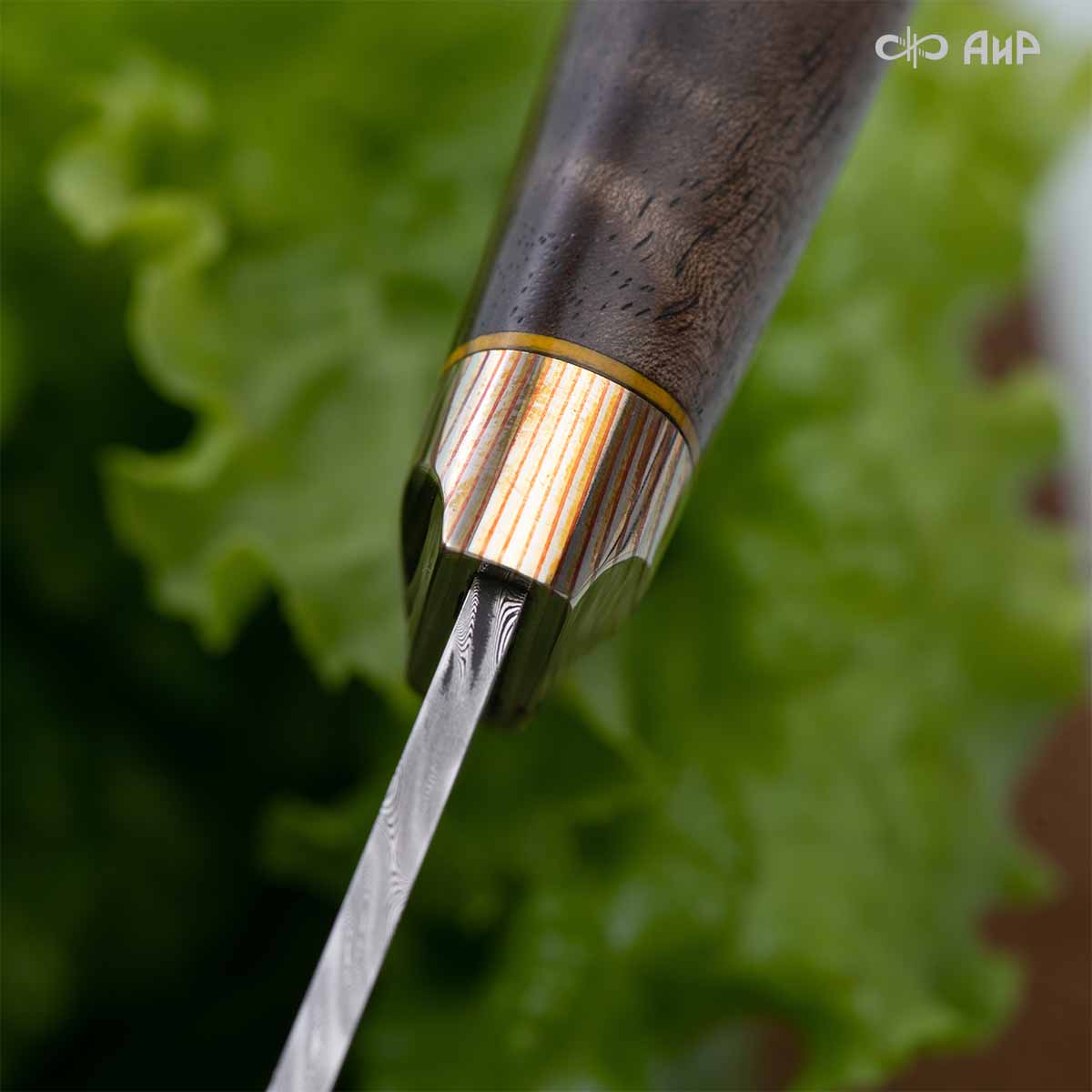 Набор Стейковый (нож и вилка, стабилизированный ореховый кап, мокуме гане, медная втулка, кастомная заточка) дамасская сталь ZD-0803, узор твист - Компания «АиР»