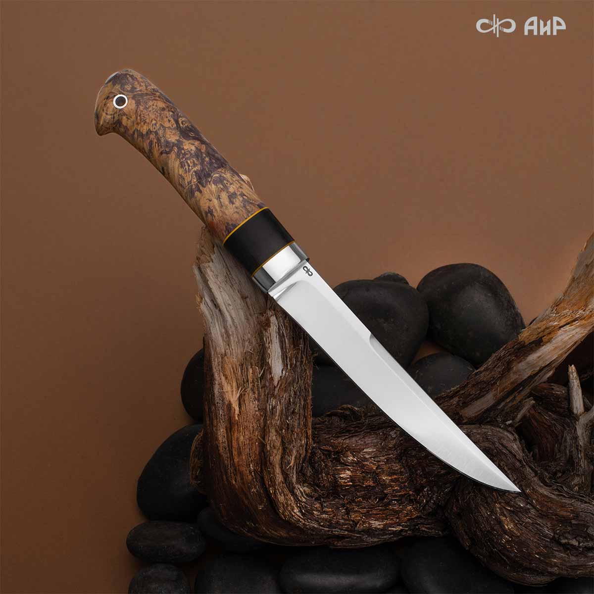 Финка Нью (наборная: стабилизированный граб, стабилизированный кап клена фиолетовый, фибра желтая, алюмин.втулка, авторские ножны, кастомная заточка) 100Х13М, № 25 - Компания «АиР»