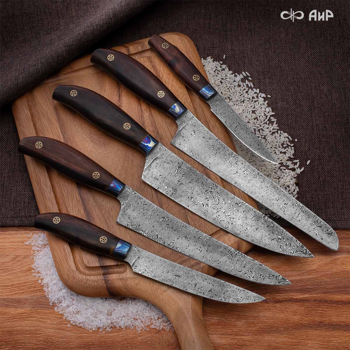 Набор Поварской-5 ЦМ (стабилизированный палисандр, ZlaTi, мозаичные пины, кожаный кейс) дамасская сталь ZDI-1016 - Компания «АиР»