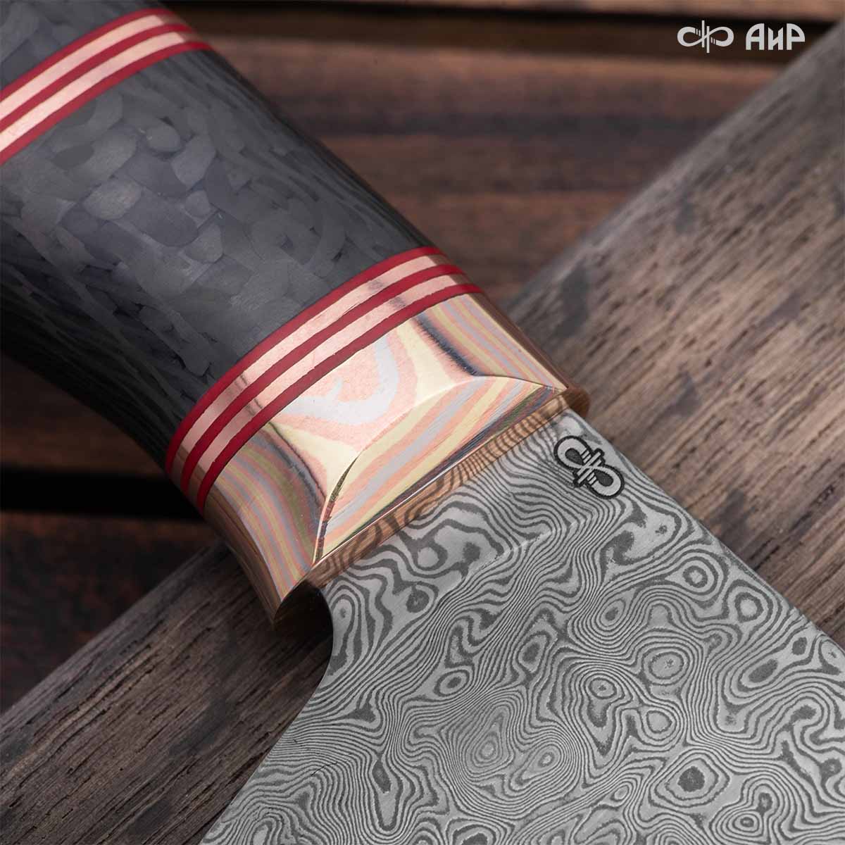 Набор Сантоку-3 (наборная рукоять: карбон черный, проставки медь, фибра, мокуме гане, ввертыш медь, авторский кейс) дамасская сталь ZDI-1016 - Компания «АиР»