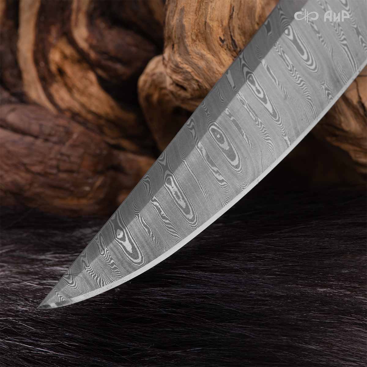 Финка Нью (наборная: стабилизированный граб, стабилизированный кап клена коричневый, фибра синяя, алюмин.втулка, авторские ножны, кастомная заточка) ZDI-1016, узор твист № 15 - Компания «АиР»