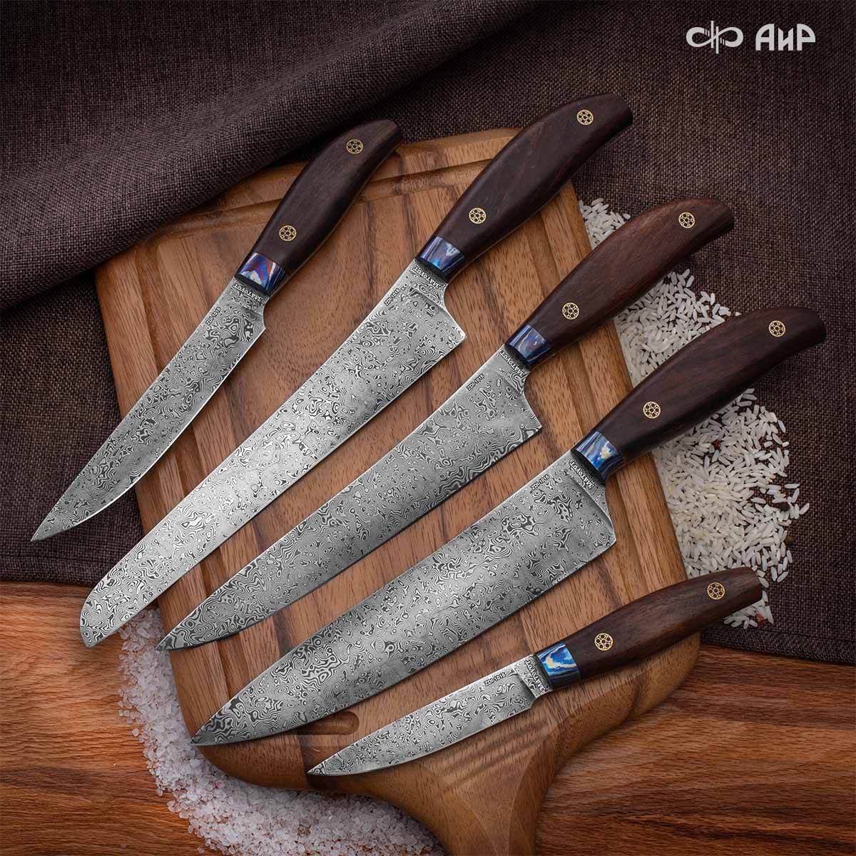 Набор Поварской-5 ЦМ (стабилизированный палисандр, ZlaTi, мозаичные пины, кожаный кейс) дамасская сталь ZDI-1016 - Компания «АиР»