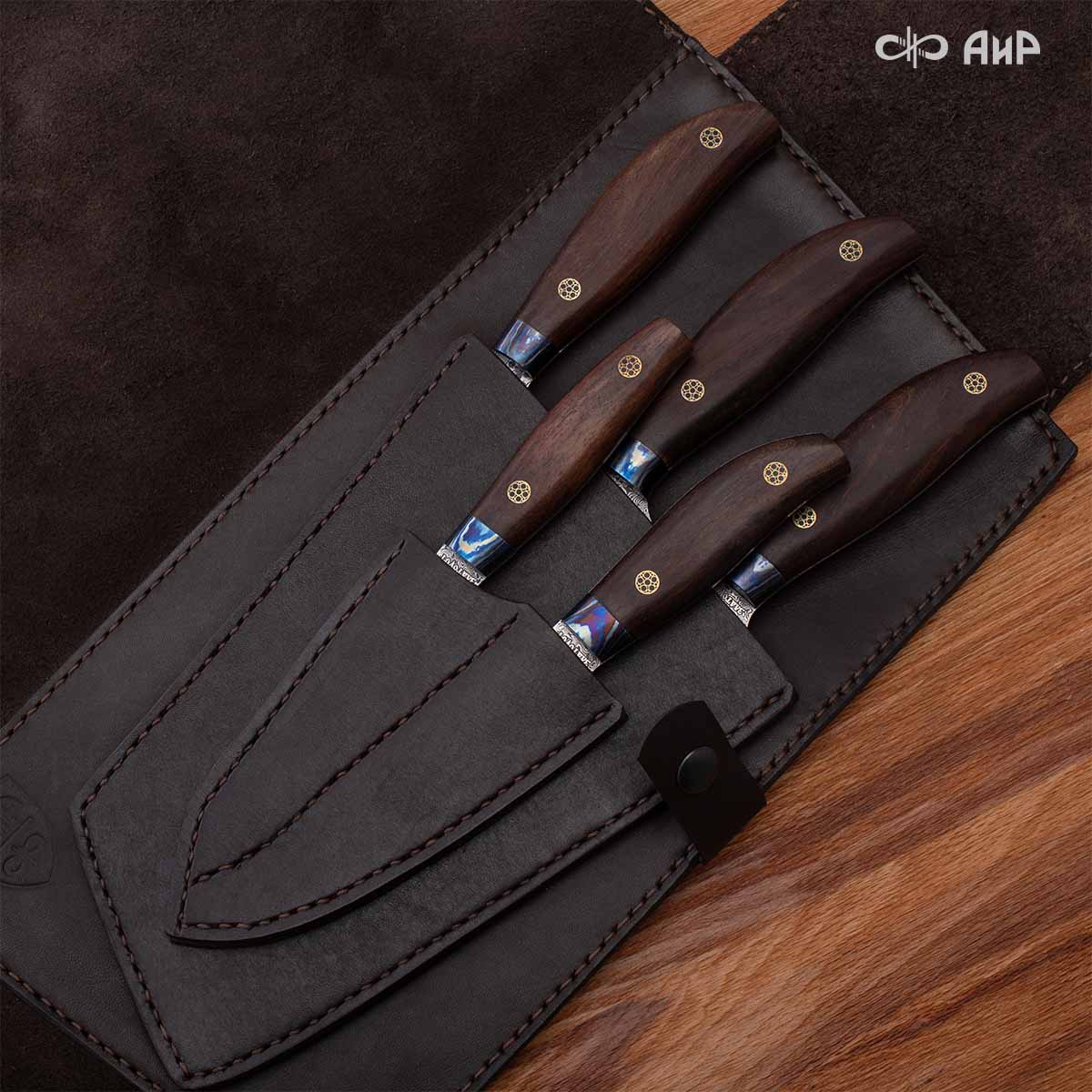 Набор Поварской-5 ЦМ (стабилизированный палисандр, ZlaTi, мозаичные пины, кожаный кейс) дамасская сталь ZDI-1016 - Компания «АиР»