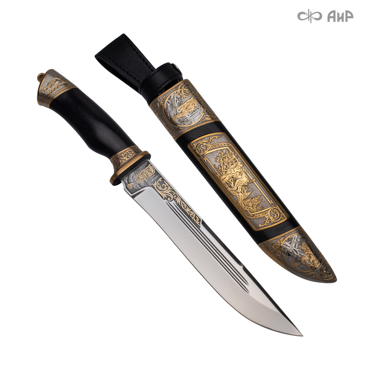 Нож Арсенальный люкс с сюжетом Рысья охота, комбинированные ножны, Артикул: 39171 - Компания «АиР»