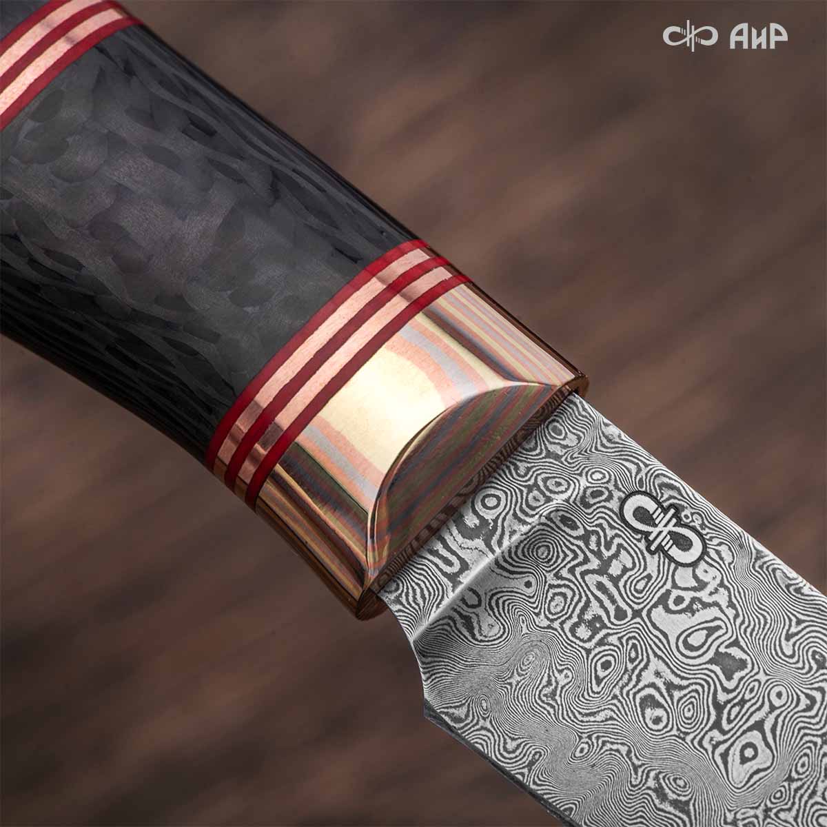 Набор Сантоку-3 (наборная рукоять: карбон черный, проставки медь, фибра, мокуме гане, ввертыш медь, авторский кейс) дамасская сталь ZDI-1016 - Компания «АиР»