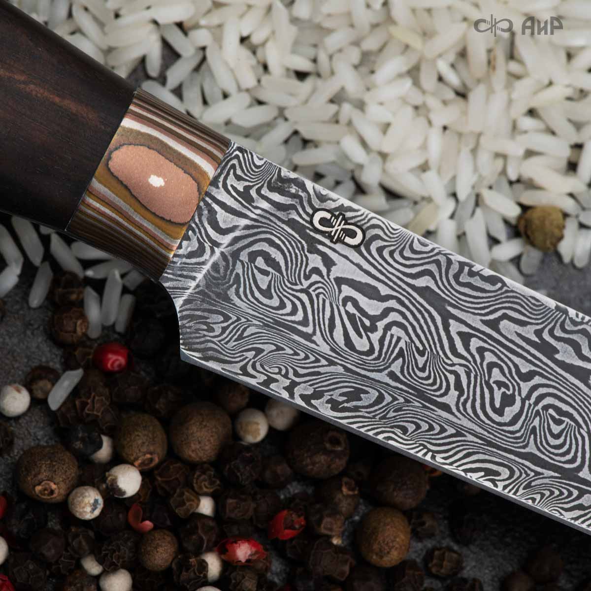 Овощной ЦМ (макасар, мокуме, мозаичные пины) дамасская сталь ZDI-1016, узор турецкий - Компания «АиР»