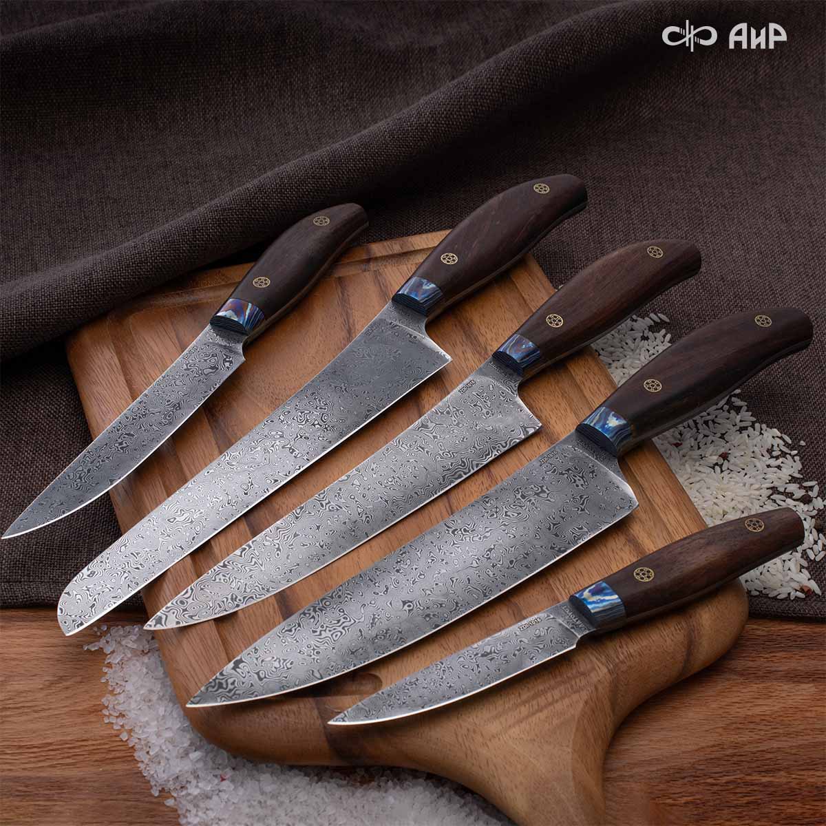 Набор Поварской-5 ЦМ (стабилизированный палисандр, ZlaTi, мозаичные пины, кожаный кейс) дамасская сталь ZDI-1016 - Компания «АиР»