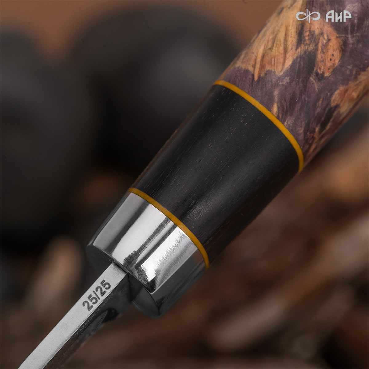 Финка Нью (наборная: стабилизированный граб, стабилизированный кап клена фиолетовый, фибра желтая, алюмин.втулка, авторские ножны, кастомная заточка) 100Х13М, № 25 - Компания «АиР»