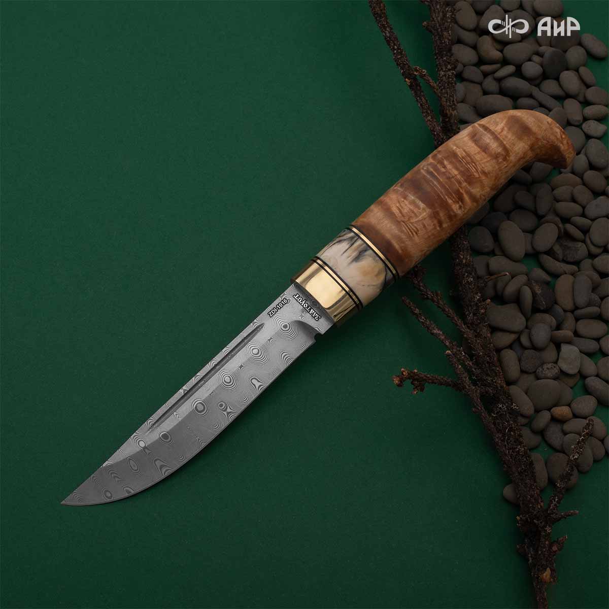 Финка Лаппи (наборная: стабилизированная карельская береза натуральная, стабилизированный зуб мамонта, латунь, фибра) дамасская сталь ZDI-1016, узор пирамида - Компания «АиР»