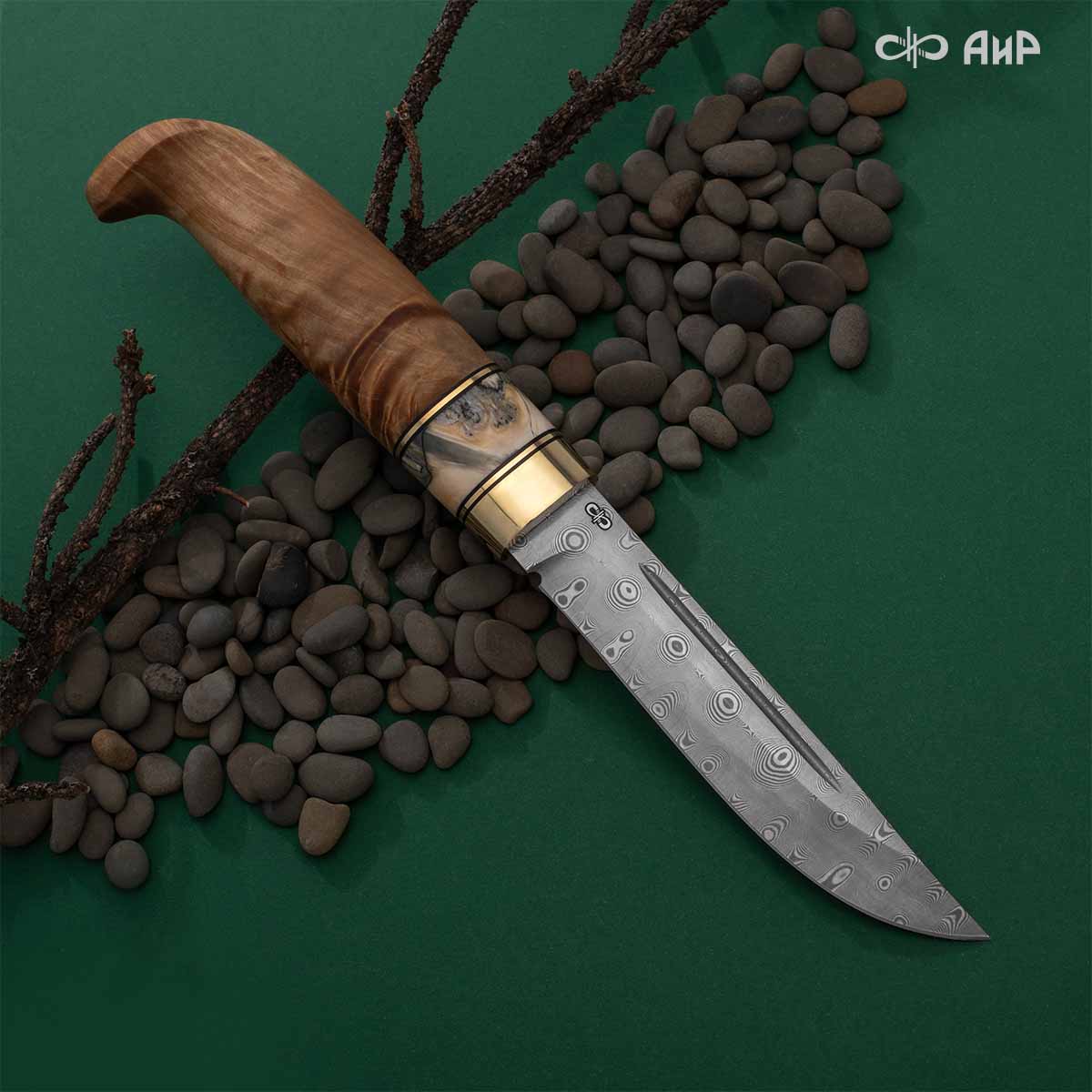 Финка Лаппи (наборная: стабилизированная карельская береза натуральная, стабилизированный зуб мамонта, латунь, фибра) дамасская сталь ZDI-1016, узор пирамида - Компания «АиР»