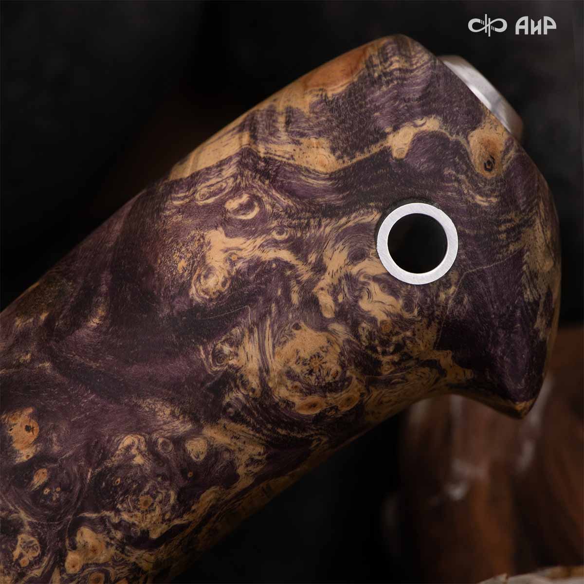 Финка Нью (наборная: стабилизированный граб, стабилизированный кап клена фиолетовый, фибра желтая, алюмин.втулка, авторские ножны, кастомная заточка) 100Х13М, № 25 - Компания «АиР»