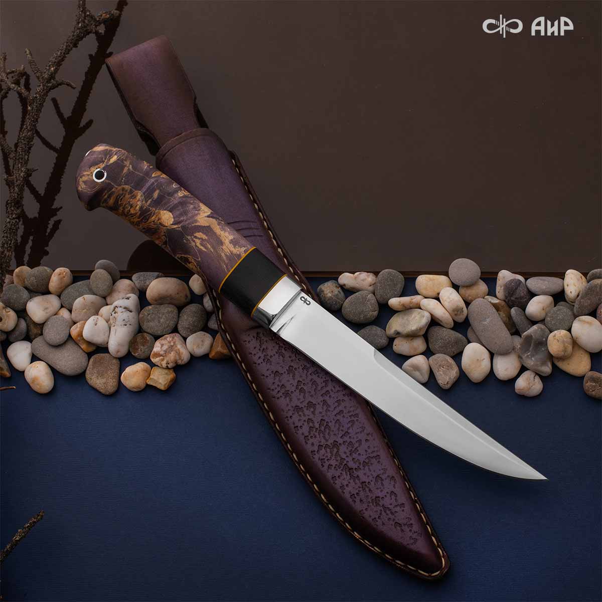 Финка Нью (наборная: стабилизированный граб, стабилизированный кап клена фиолетовый, фибра желтая, алюмин.втулка, авторские ножны, кастомная заточка) K390, № 07 - Компания «АиР»
