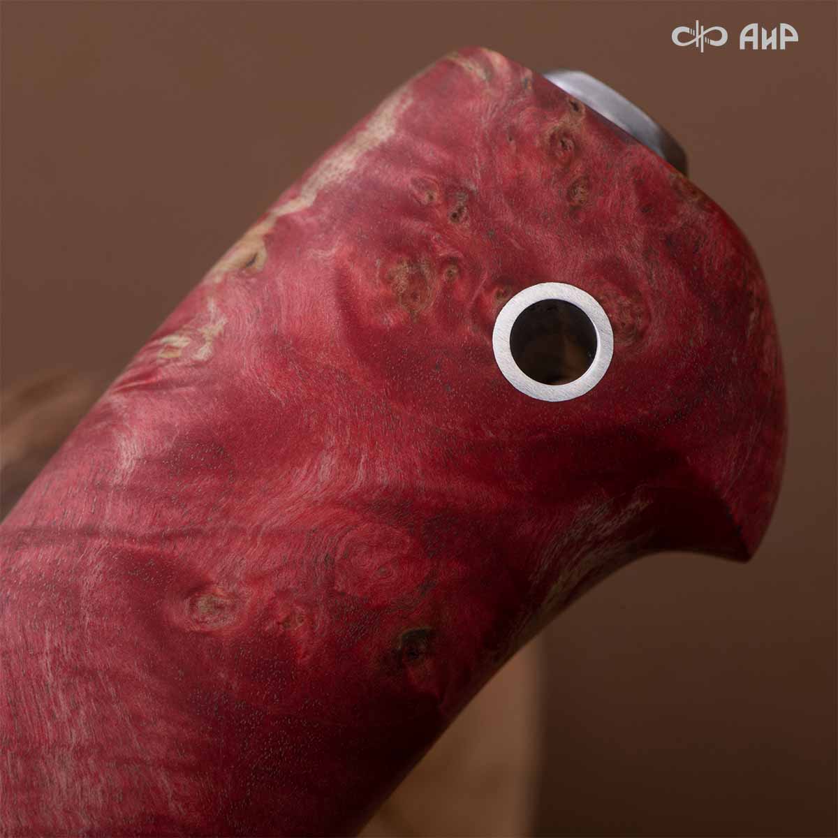 Финка Нью (наборная: стабилизированный граб, стабилизированный кап клена красный, фибра желтая, алюмин.втулка, авторские ножны, кастомная заточка) ZDI-1016, узор пирамида № 11 - Компания «АиР»