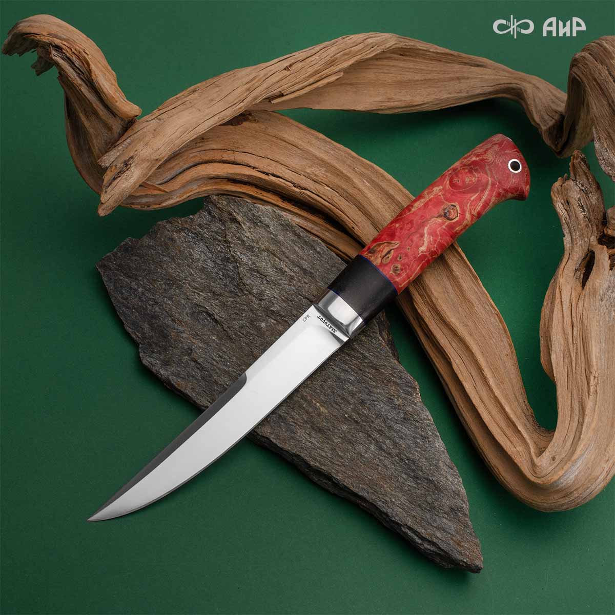 Финка Нью (наборная: стабилизированный граб, стабилизированный кап клена красный, фибра синяя, алюмин.втулка, авторские ножны, кастомная заточка) CPR, № 03 - Компания «АиР»