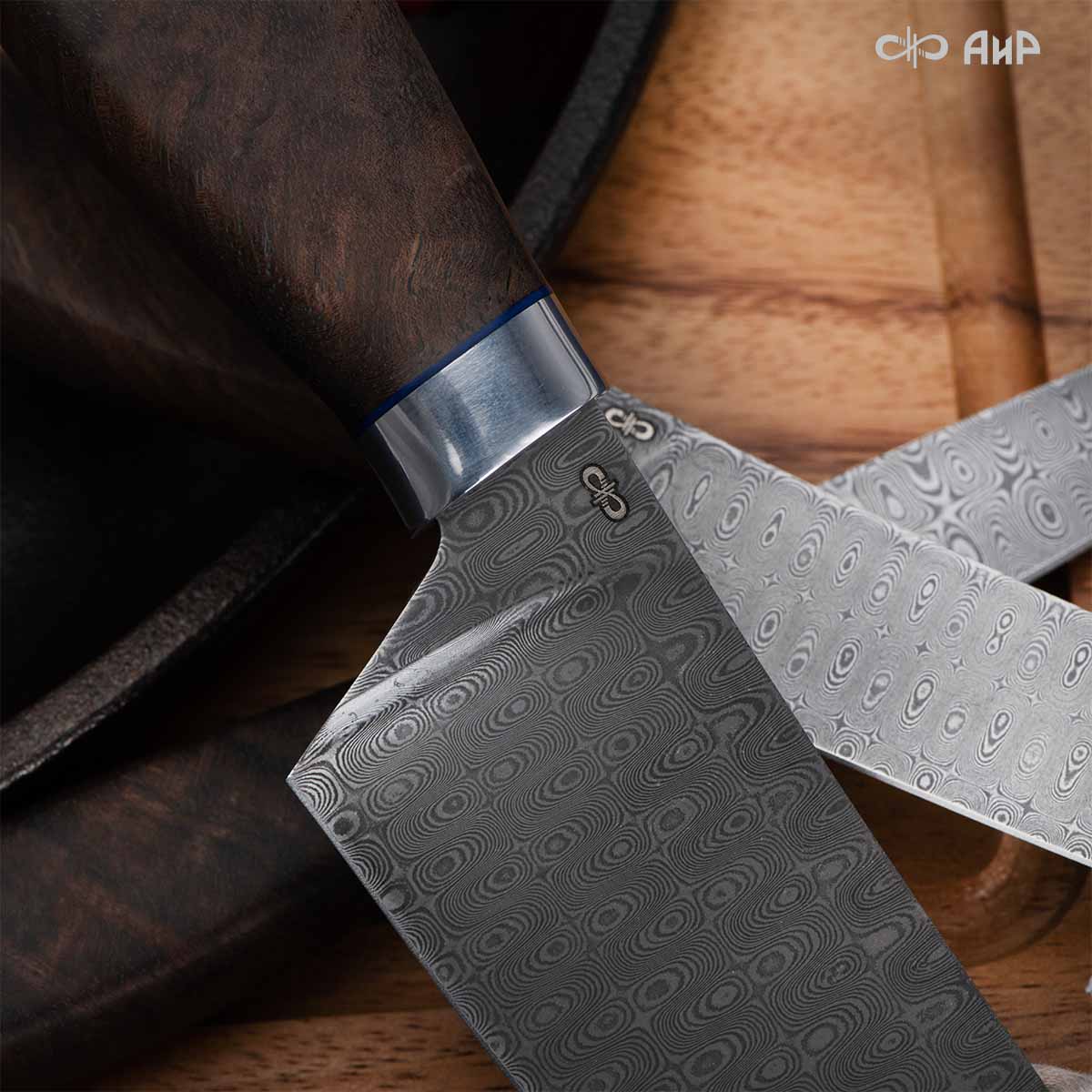 Набор Поварской-3 (стабилизированный кап ореховый, фибра) дамасская сталь ZDI-1016, узор капля NEW - Компания «АиР»