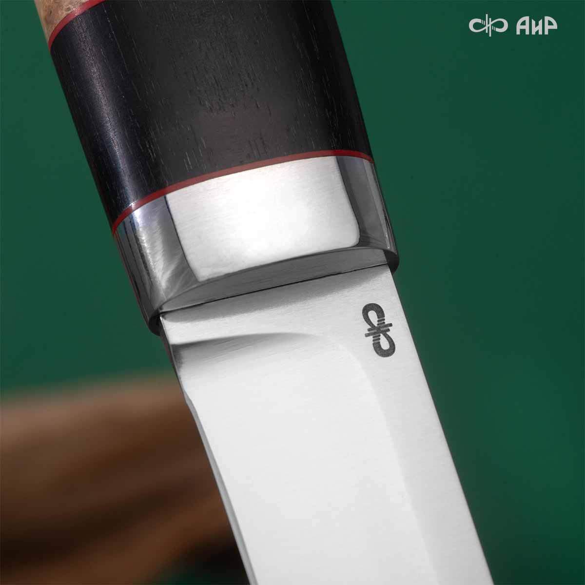 Финка Нью (наборная: стабилизированный граб, стабилизированный кап клена натуральный, фибра красная, алюмин.втулка, авторские ножны, кастомная заточка) CPR, № 01 - Компания «АиР»