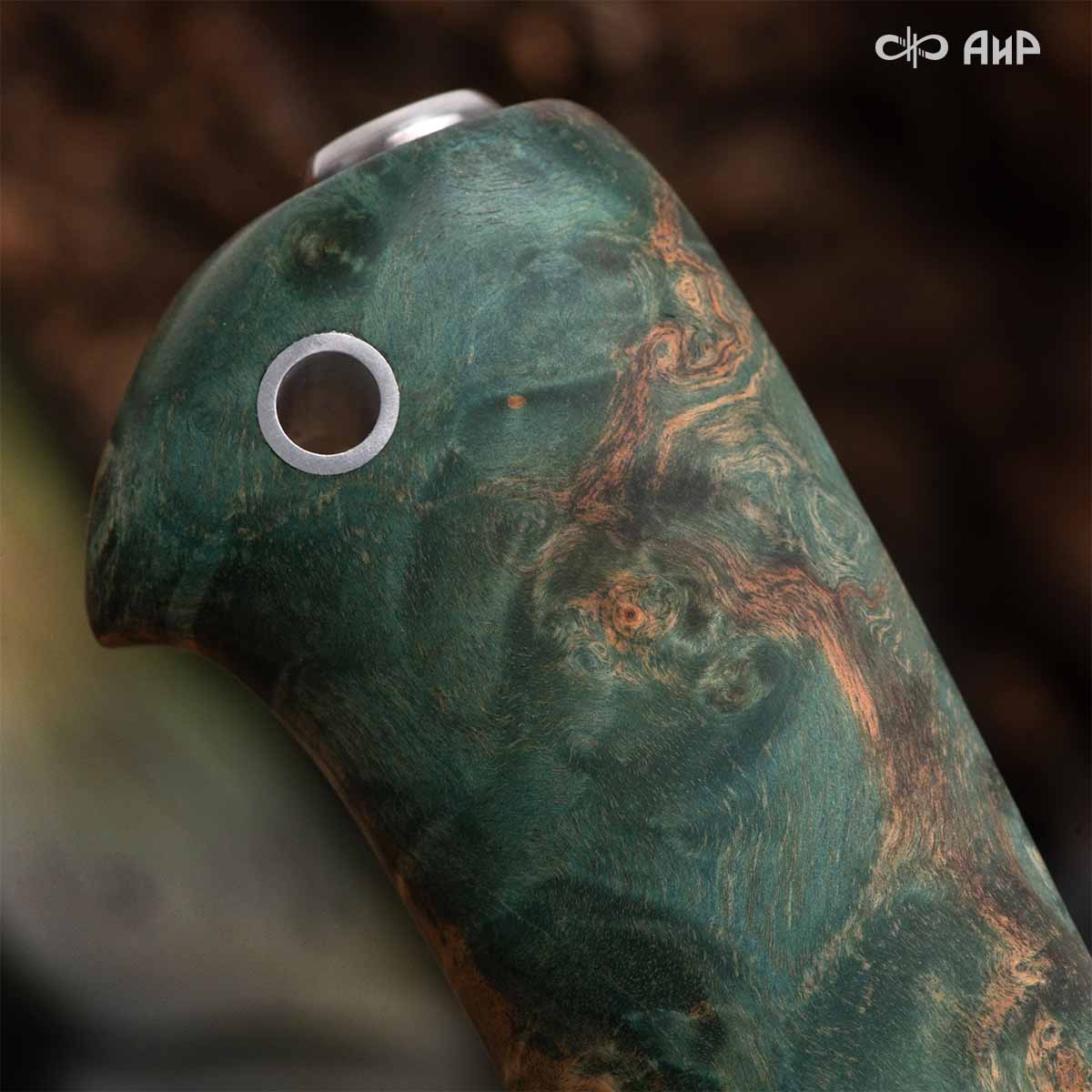 Финка Нью (наборная: стабилизированный граб, стабилизированный кап клена зеленый, фибра красная, алюмин.втулка, авторские ножны, кастомная заточка) 100Х13М, № 22 - Компания «АиР»