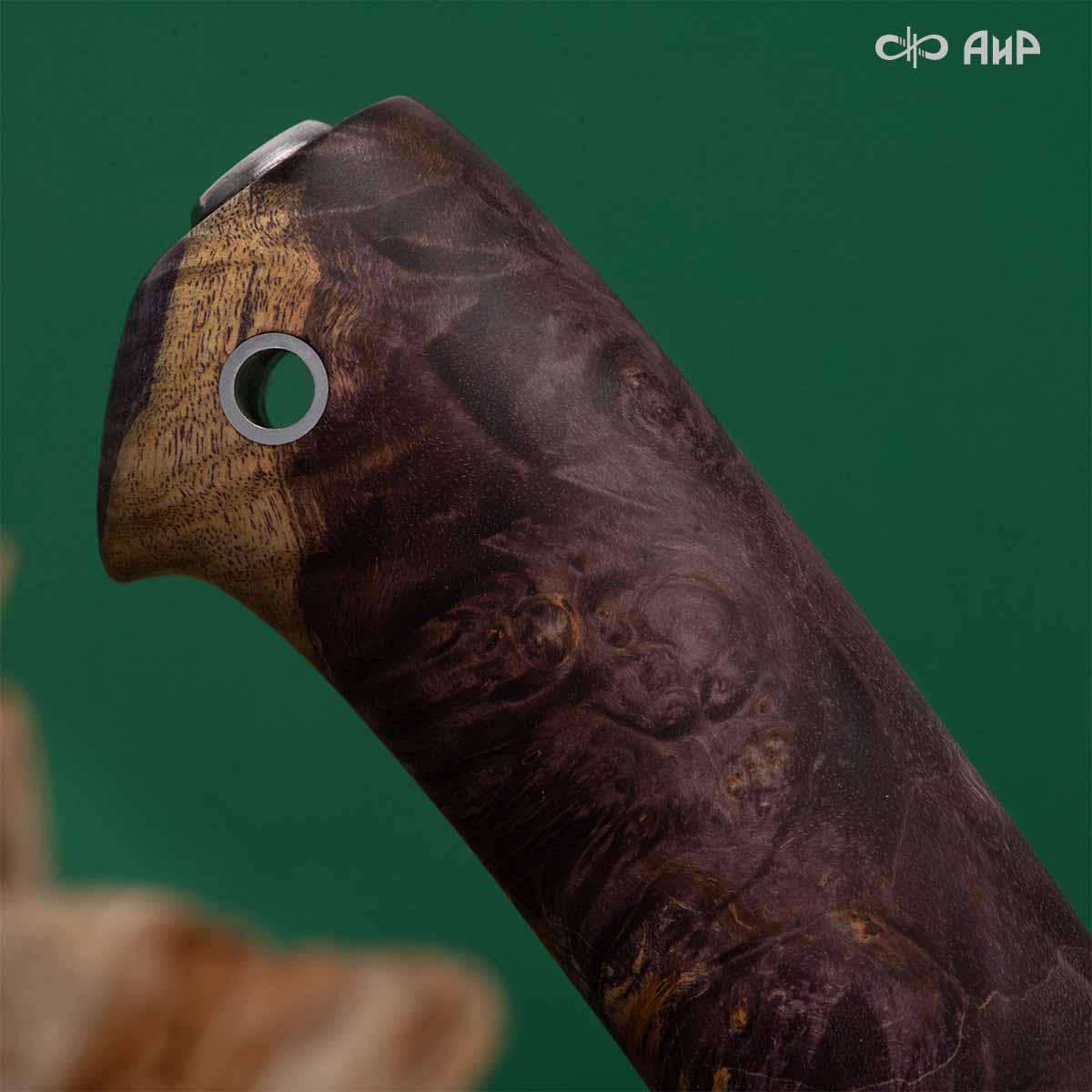 Финка Нью (наборная: стабилизированный граб, стабилизированный кап клена фиолетовый, фибра синяя, алюмин.втулка, авторские ножны, кастомная заточка) CPR, № 02 - Компания «АиР»