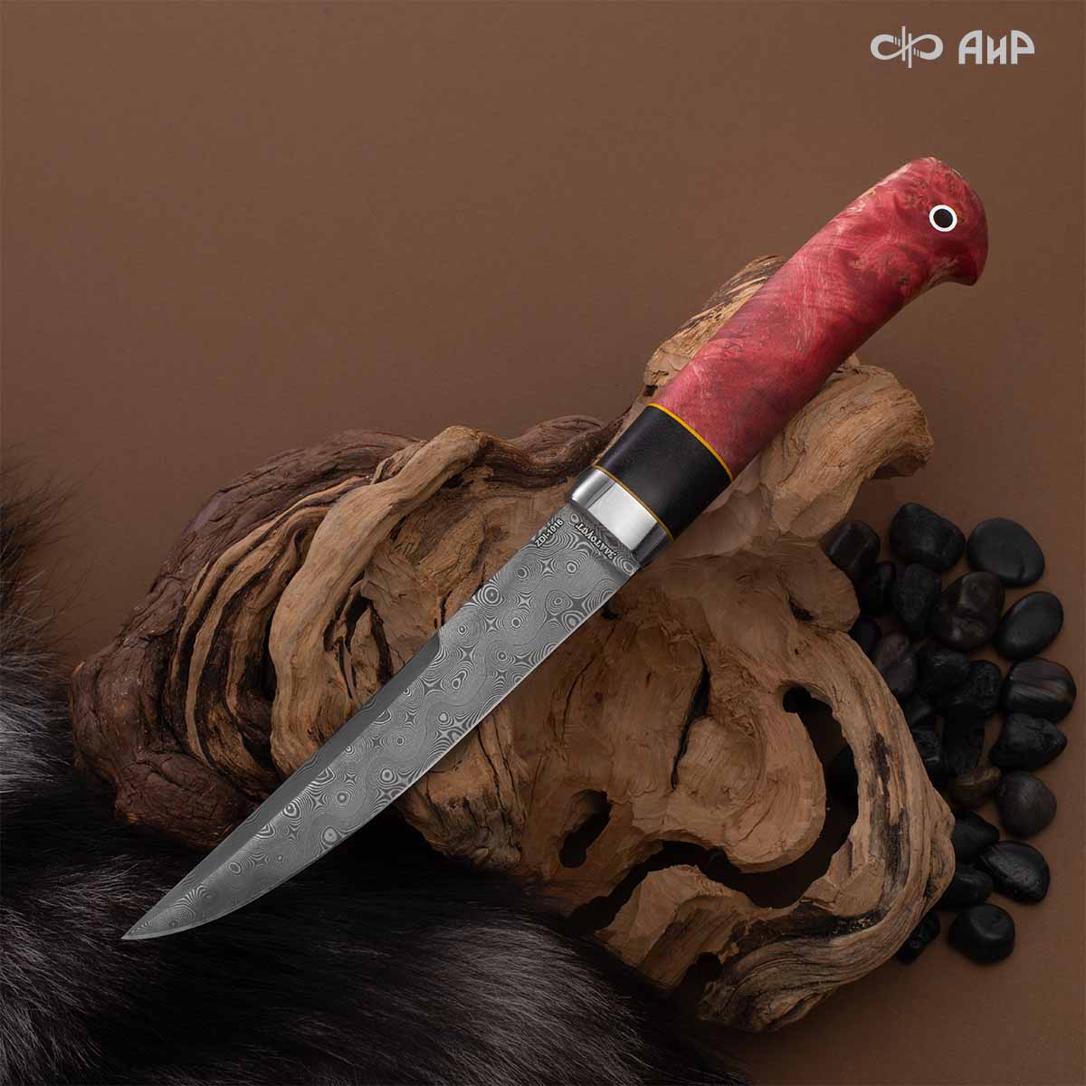 Финка Нью (наборная: стабилизированный граб, стабилизированный кап клена красный, фибра желтая, алюмин.втулка, авторские ножны, кастомная заточка) ZDI-1016, узор пирамида № 11 - Компания «АиР»
