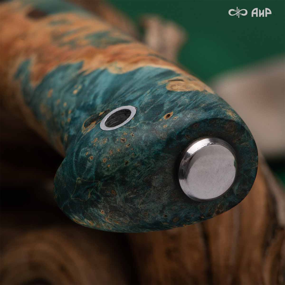 Финка Нью (наборная: стабилизированный граб, стабилизированный кап клена зеленый, фибра синяя, алюмин.втулка, авторские ножны, кастомная заточка) CPR, № 04 - Компания «АиР»