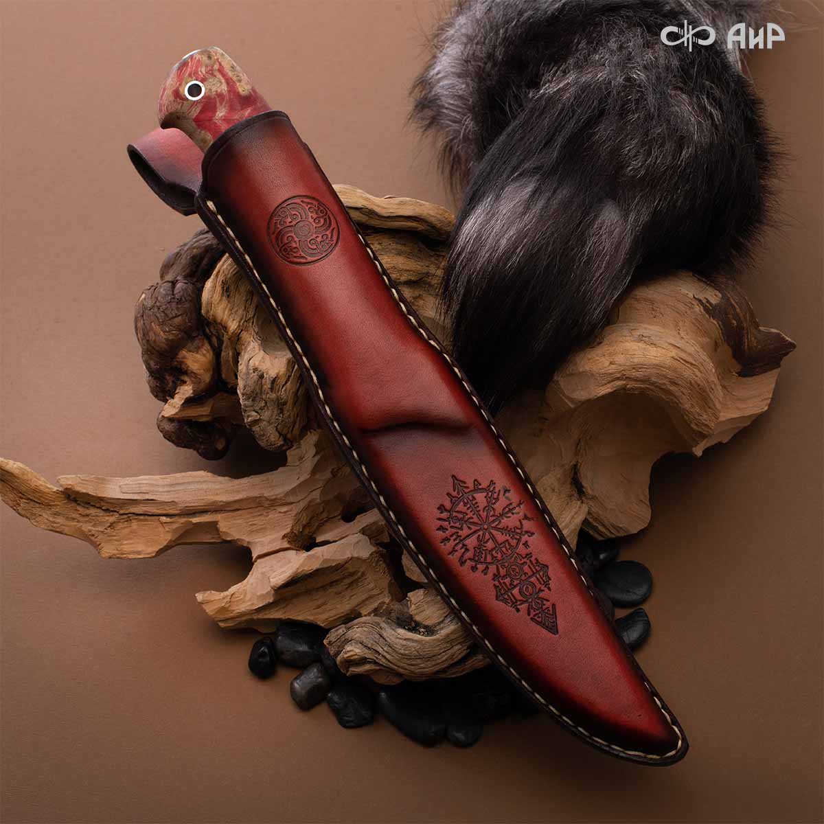 Финка Нью (наборная: стабилизированный граб, стабилизированный кап клена красный, фибра желтая, алюмин.втулка, авторские ножны, кастомная заточка) ZDI-1016, узор пирамида № 11 - Компания «АиР»