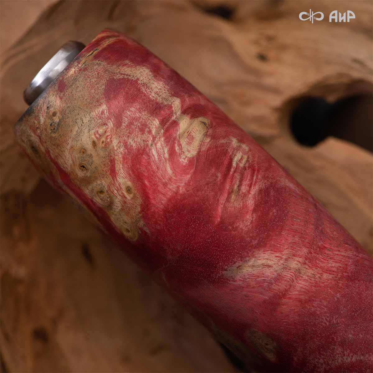 Финка Нью (наборная: стабилизированный граб, стабилизированный кап клена красный, фибра желтая, алюмин.втулка, авторские ножны, кастомная заточка) ZDI-1016, узор пирамида № 11 - Компания «АиР»