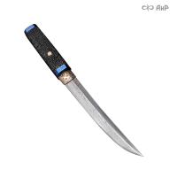  Нож "Айкути" из дамасской стали ZDI-1016 (кожа ската черная, макасар, фути и касира ZlaTi, хабаки мокуме гане) - Компания «АиР»