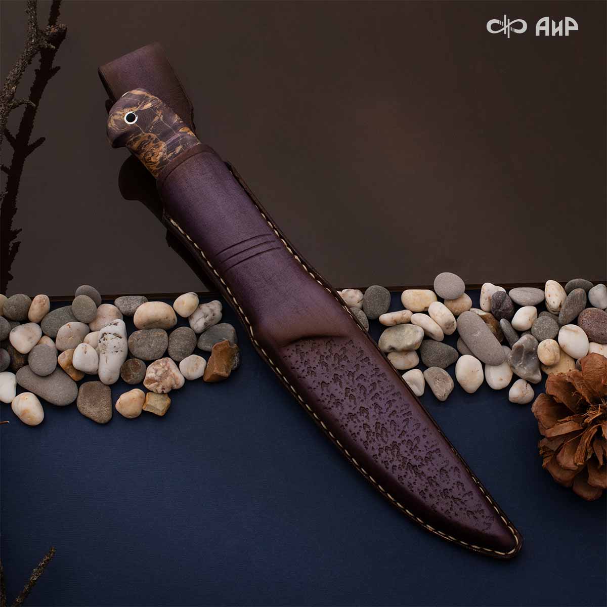 Финка Нью (наборная: стабилизированный граб, стабилизированный кап клена фиолетовый, фибра желтая, алюмин.втулка, авторские ножны, кастомная заточка) K390, № 07 - Компания «АиР»